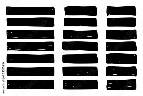 Table of 21 black, curved horizontal rectangles with rough edges, hand-drawn with marker, consisting of 3 columns and 7 rows. Vector illustration of backgrounds, empty templates for text, images.