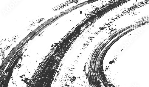 Curved Grunge Tire Track Marks with Splatter Effect dust vector design Grunge Tire Track Print Illustration on White Background