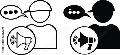 Storytelling Icons. Black and White Vector Illustrations. Man in Hat Telling Story and Megaphone. Marketing Technique. Influencer Concept
