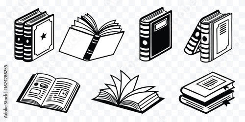 Book Icons Set for Education and Library Services with Open and Closed Book Designs