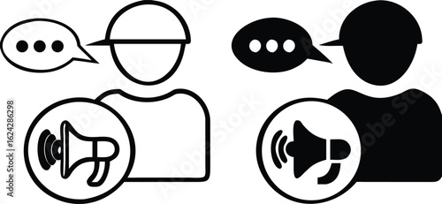 Storytelling Icons. Black and White Vector Illustrations. Man in Hat Telling Story and Megaphone. Marketing Technique. Influencer Concept
