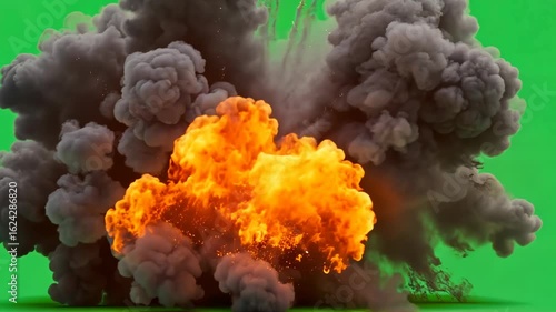 High-quality 3D rendered explosion with intense fire and thick smoke on a green screen background. Perfect for visual effects (VFX), film, game cinematics, or video editing projects.