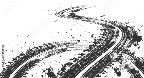 Curved Grunge Tire Track Splatter Dust Vector Illustration on White Background