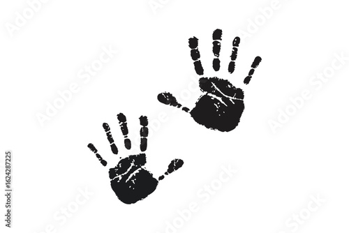 Two black handprints in a rough textured silhouette style isolated on white background