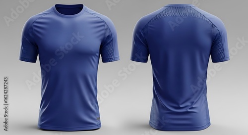 Front and back views of a plain royal blue athletic short-sleeved t-shirt mockup on a light gray background.