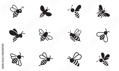Set of flying bee silhouette icons, different style logo collection, vector illustration

