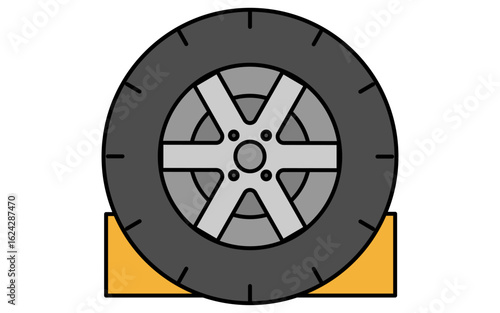 Simple and cute line icon of tire with wheel chock for vehicle safety and maintenance illustration