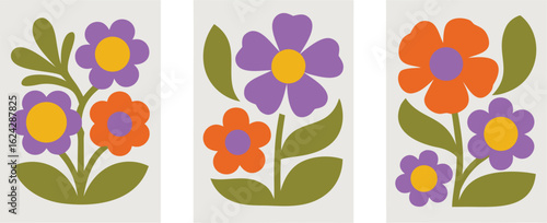 Framed Floral Triptych Wall Art Featuring Purple, Orange, and Yellow Retro Flower Designs