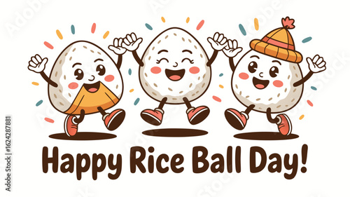 Happy Rice Ball Day Illustration Featuring Cute Onigiri Characters with Colorful Confetti Background