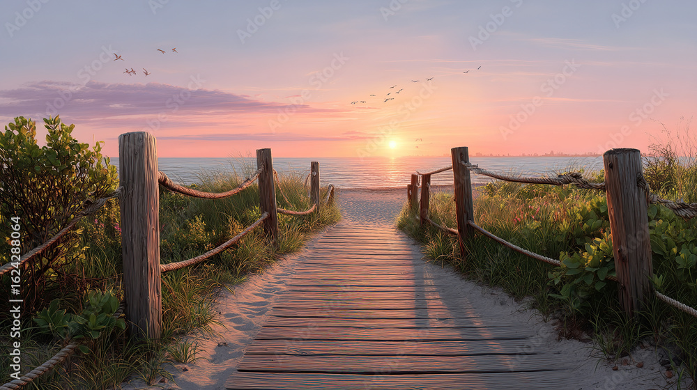 Naklejka premium Calm tranquil beach path at dusk, ideal for nature decor. Detailed coastal photography for scenic prints and art