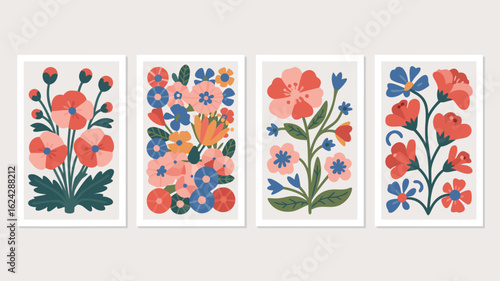 Four Framed Floral Art Prints Featuring Folk Style Flowers and Botanical Illustrations