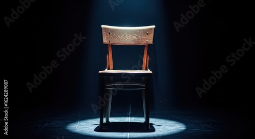 Single wooden chair illuminated by spotlight in dark room