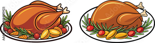 Two delicious roasted thanksgiving turkeys with garnish on plates