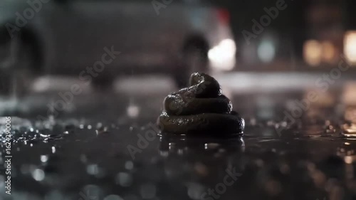 A cinematic close-up of poop on wet asphalt during rain, with raindrops splashing around and blurred city lights.