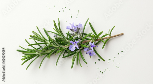 Aromatic sprig of blooming rosemary with vibrant purple flowers, a fresh culinary and medicinal herb isolated on a clean white studio background.