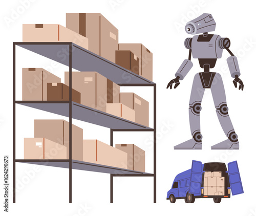 Warehouse shelves stocked with boxes, advanced robot managing tasks, and delivery truck loading goods. Ideal for logistics, inventory, e-commerce, automation, shipping, supply chain simple flat