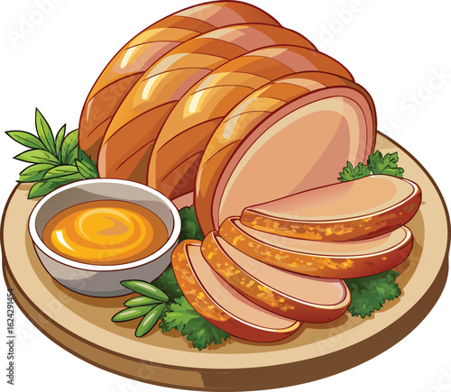 Deliciously roasted pork loin with mustard dip and fresh herbs