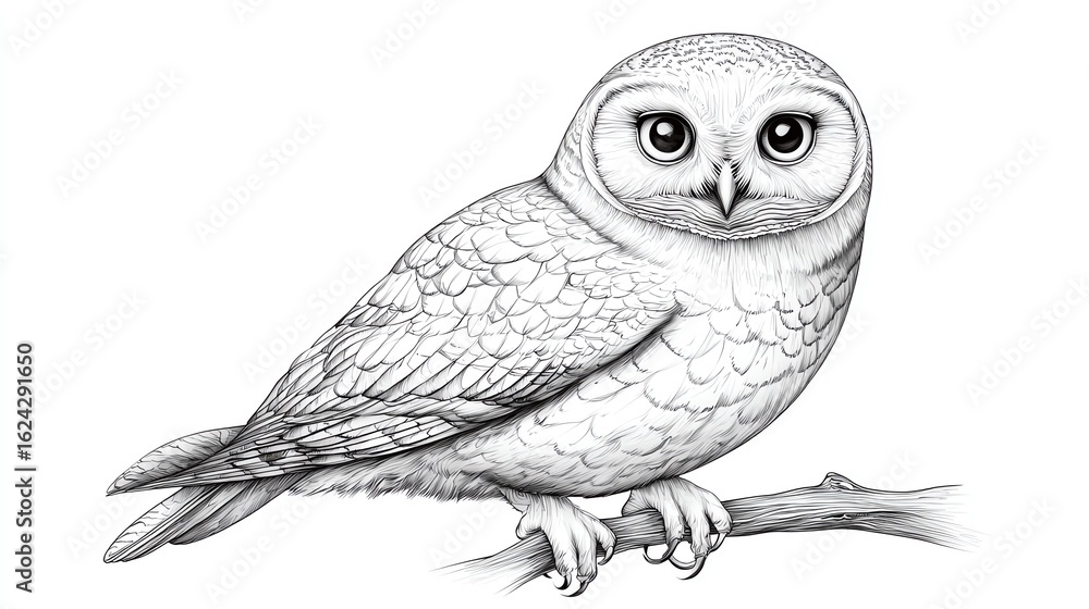 Fototapeta premium A perched owl depicted in continuous-line art, high-contrast black on white, clean design