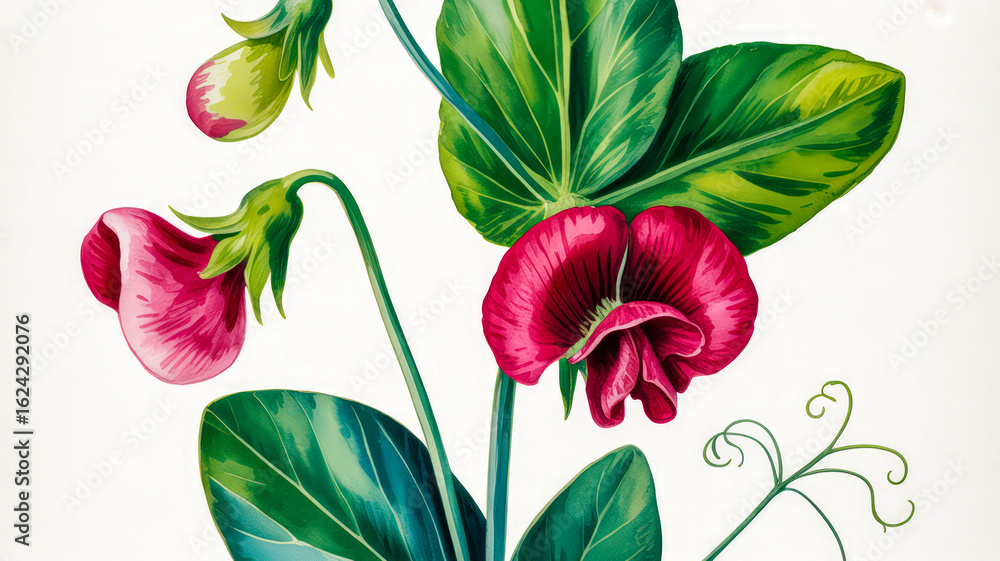 Obraz premium Vibrant pink pea blossoms and green leaves botanical illustration