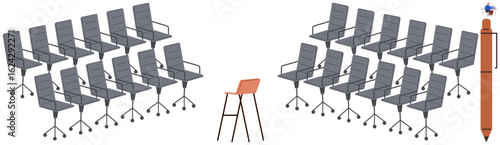 Single orange chair dividing two rows of gray office chairs with a tall pencil nearby. Ideal for individuality, leadership, decision-making, teamwork, independent thought, uniqueness, simple landing