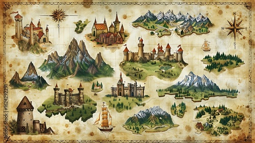 Vector medieval fantasy map elements in an RPG style, including castles, mountains, and forests. The elements are displayed on a parchment-like background, ready for use in creating detailed 