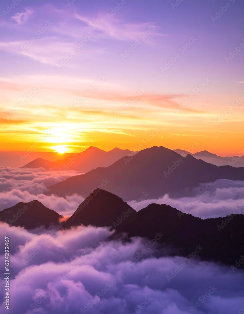 Fototapeta premium A vibrant sunrise paints the sky above a sea of clouds, illuminating a majestic mountain range