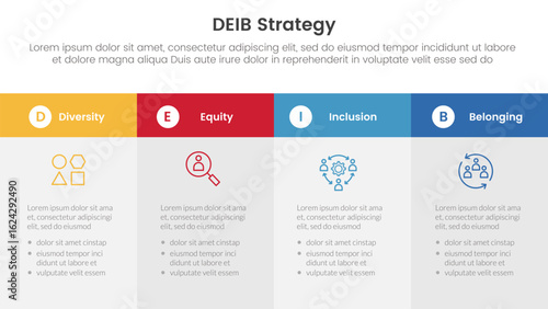 DEIB diversity strategy infographic 4 point stage template with big box table fullpage information for slide presentation