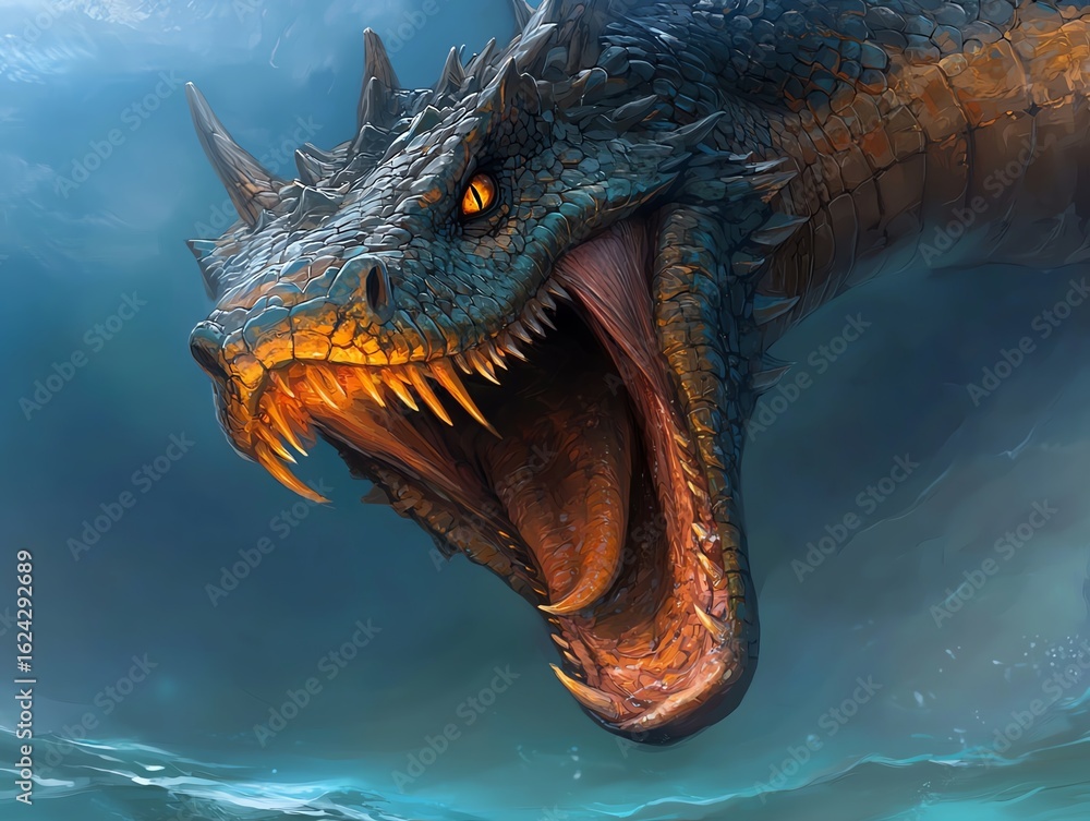 Naklejka premium Serpent-like sea dragon emerging from the ocean, ancient and mystical wildlife presence