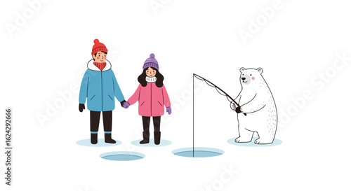 Winter Bonding: Couple Ice Fishing with Polar Bear Friend
