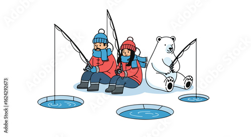 Ice Fishing Buddies: A Winter Cartoon Scene