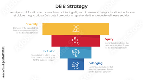 DEIB diversity strategy infographic 4 point stage template with pyramid shape reverse inverted for slide presentation