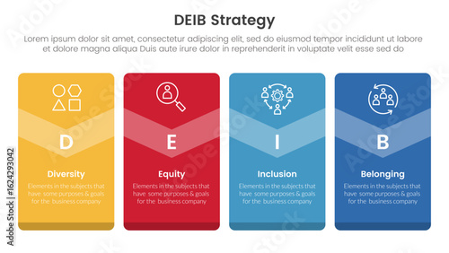 DEIB diversity strategy infographic 4 point stage template with big box vertical badge banner for slide presentation