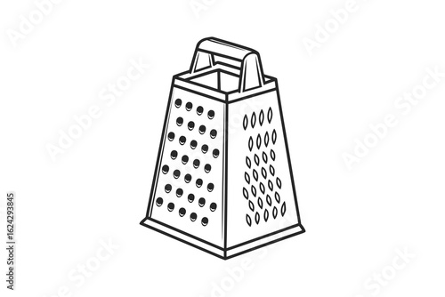 A simple line drawing silhouette of a four sided box grater with a handle on top isolated on white background