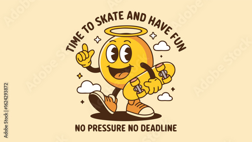 Retro Cartoon Smiley Face with Skateboard Encourages Relaxed Skating Time to Skate and Have Fun