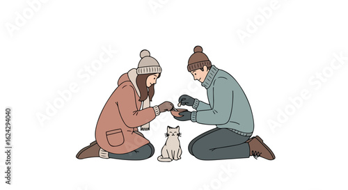 Winter Kindness: Couple Shares Food with Stray Cat