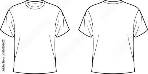 T-shirt line drawing template, front and back view, plain outline, fashion flat sketch, apparel design, clothing mockup, garment layout, vector illustration.