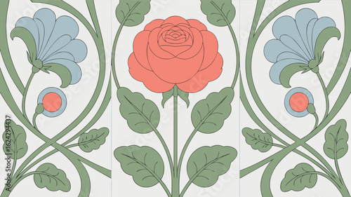 Elegant floral pattern a rose with leaves, stems and stylized blue flowers design