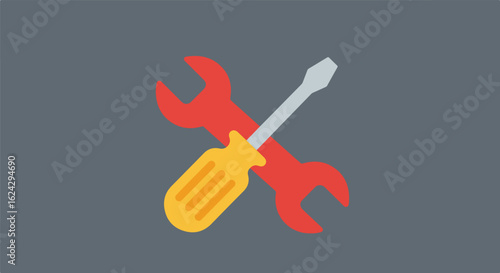 Red wrench and screwdriver crossed on gray backdrop. Use Repair, maintenance