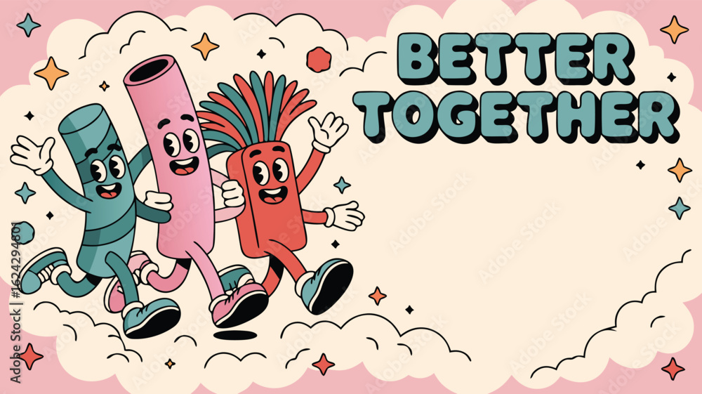 Obraz premium Retro Cartoon Characters Running Together with Better Together Text and Pink Cloud Background Design