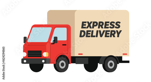 Red delivery truck transports package with fast service notice on white background