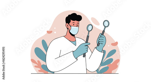Dentist examines tools; abstract floral background, for dental health promotion