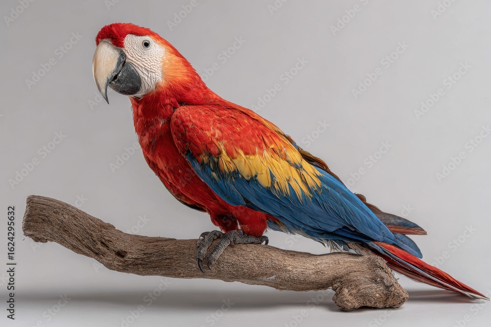 Obraz premium Vibrant scarlet macaw perched on a branch, showcasing its colorful feathers against a neutral backdrop