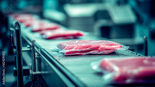 Raw meat in plastic packaging on the conveyor belt at a food production line.