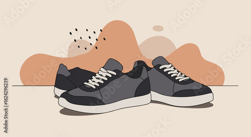 Gray Shoes on a Floor. Abstract shapes background, possibly for fashion ads