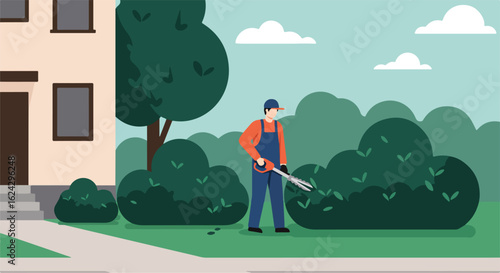 Gardener trimming bushes in front of a house with trees in the background