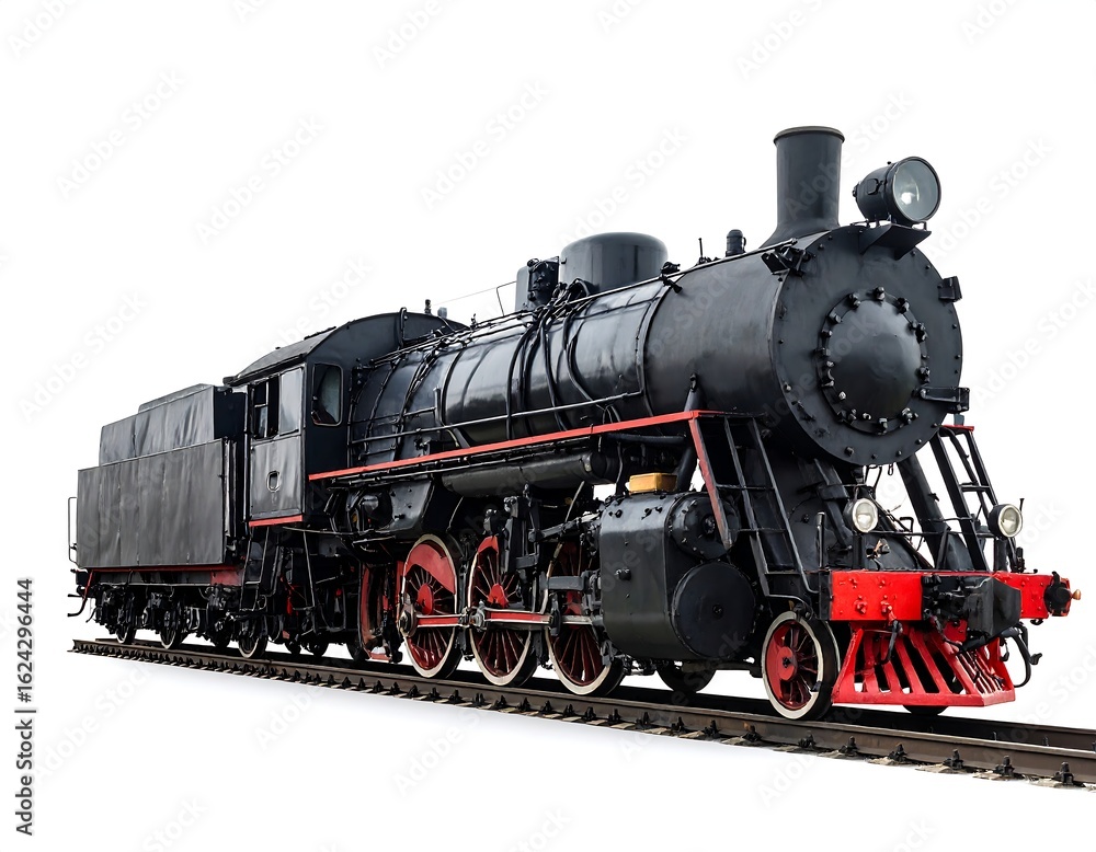 Fototapeta premium A vintage black steam locomotive on tracks against a white background