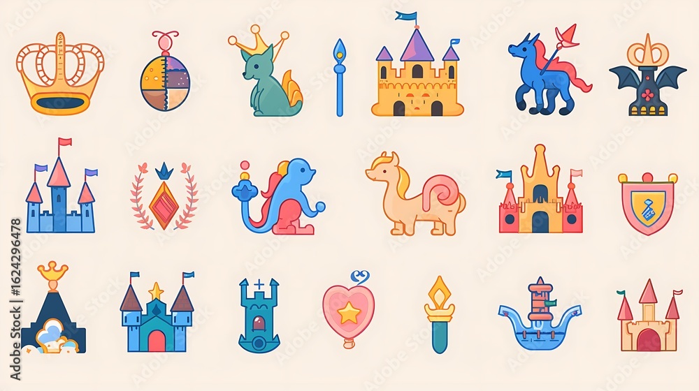 Fototapeta premium A vector fairy tale and fantasy icon collection featuring whimsical designs like castles, crowns, and mythical creatures. The icons are displayed in a grid format, ready for use in storybooks,