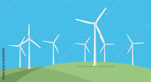 Flat Illustration Wind Turbines Spin on Hill Against Blue Sky; Energy Concept
