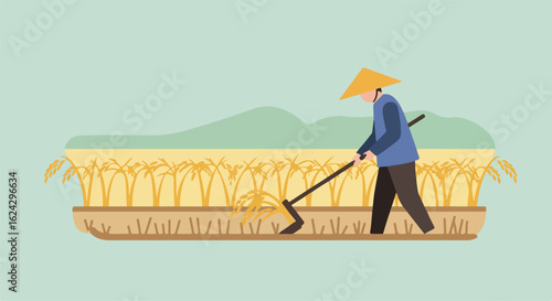 Farmer Using a Hoe Tending the Rice in a Field With Hills in Background for Agriculture