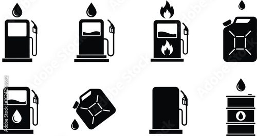 Collection of fuel pump and container icons silhouette